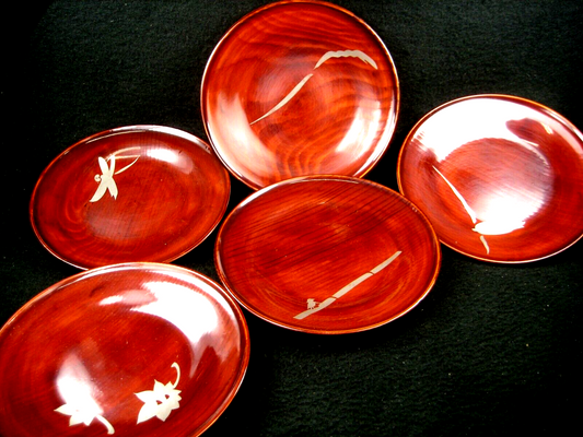 Vintage Japanese Hand Crafted Wood Hida Shunkei Lacquer Plate Set 6"