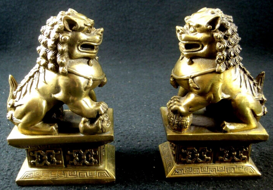 Vintage Bronze Chinese Foo Dog Pair Sitting On Pedestals Shishi Guardian Lions 5.5"H