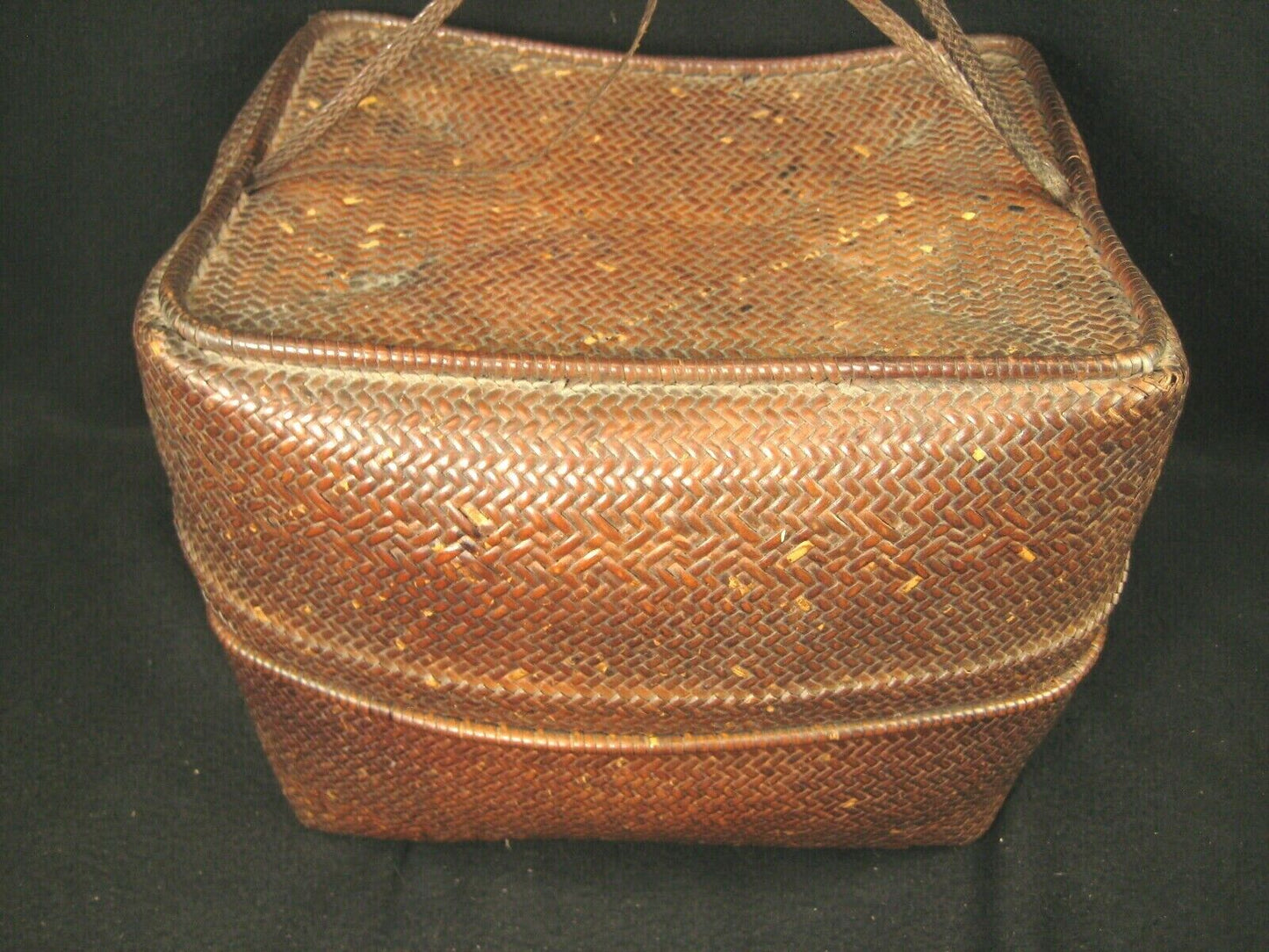 Antique Japanese  Chinese Showa Era (C. 1930) Bamboo Lidded Bag Kago Basket