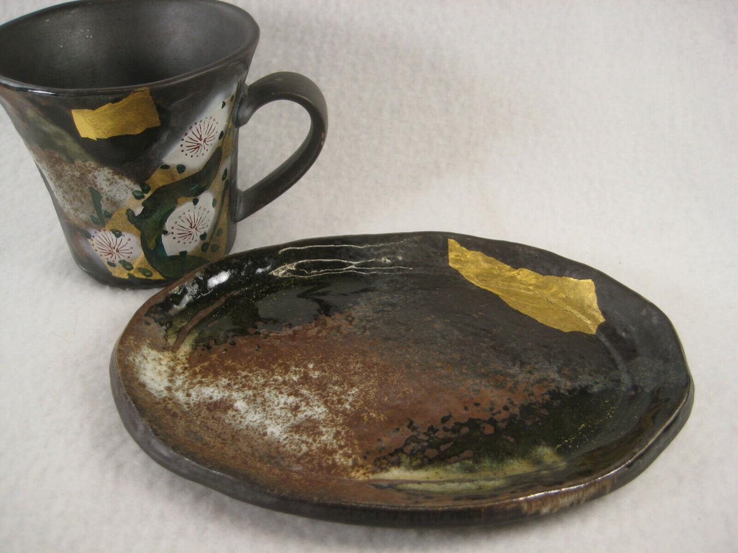 Vintage Japanese Hand Painted Kutani Teacup & Saucer Gold Leaf & Plum Blossoms