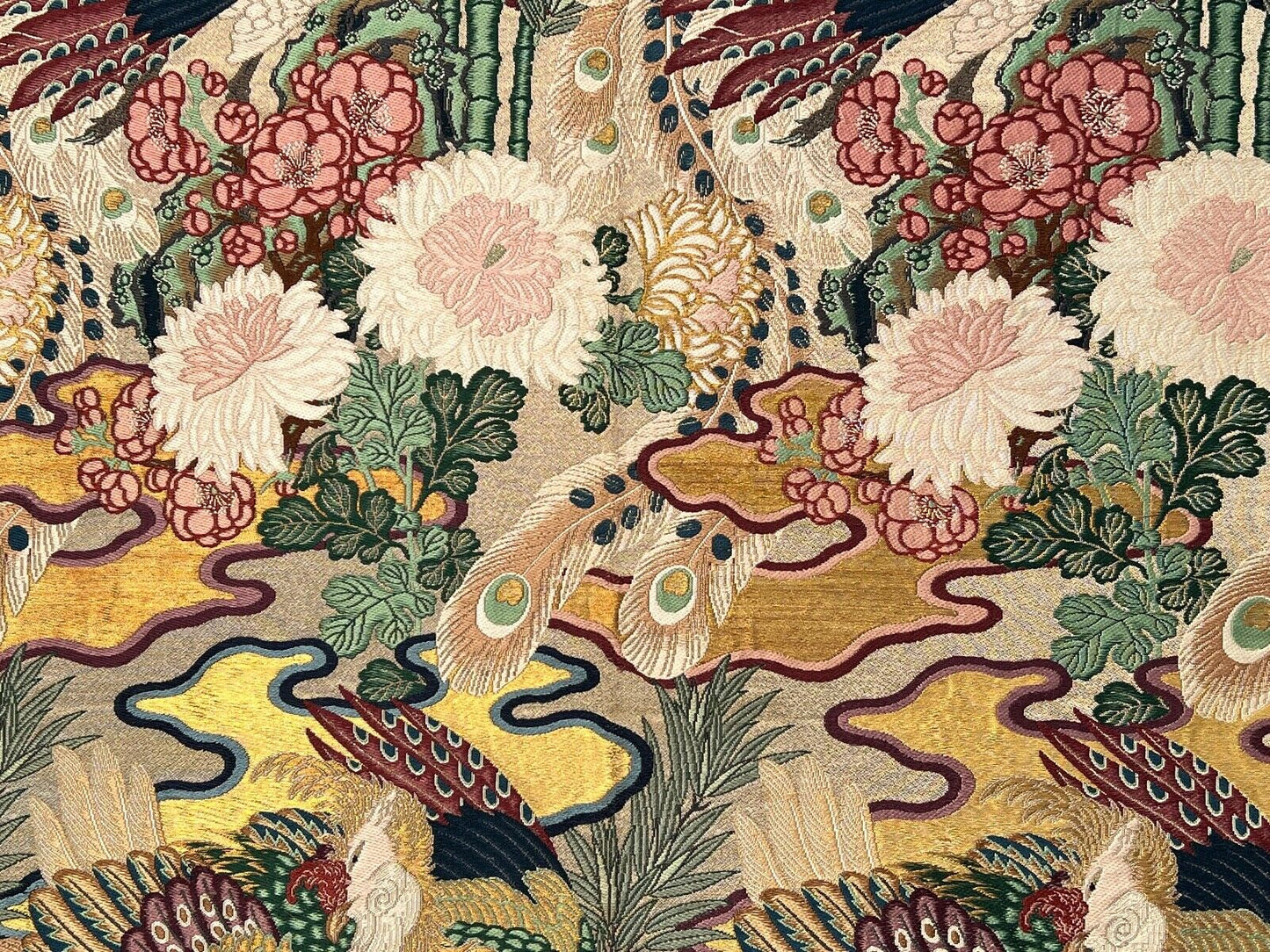 Antique Japanese Silk Obi Framed Into a 3 Panel Screen Wall Hanging Phoenix Motif 58"H