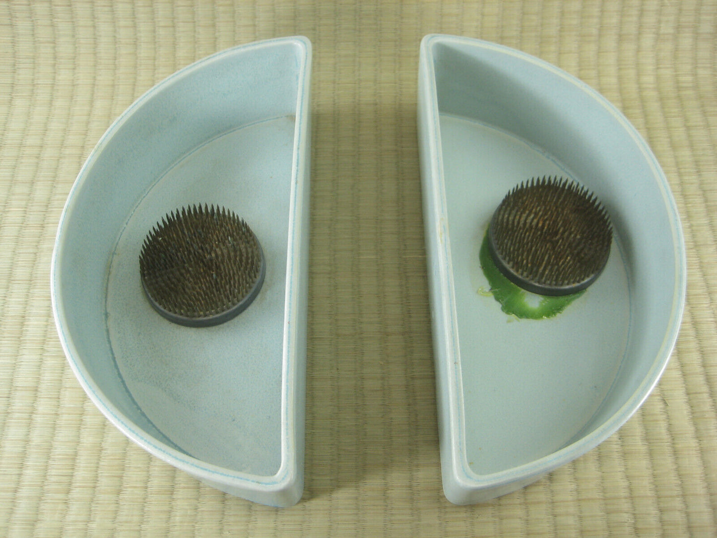 Japanese Ceramic Ikebana Vase Pair + Kenzan Flower Frogs Attached Blue 8"