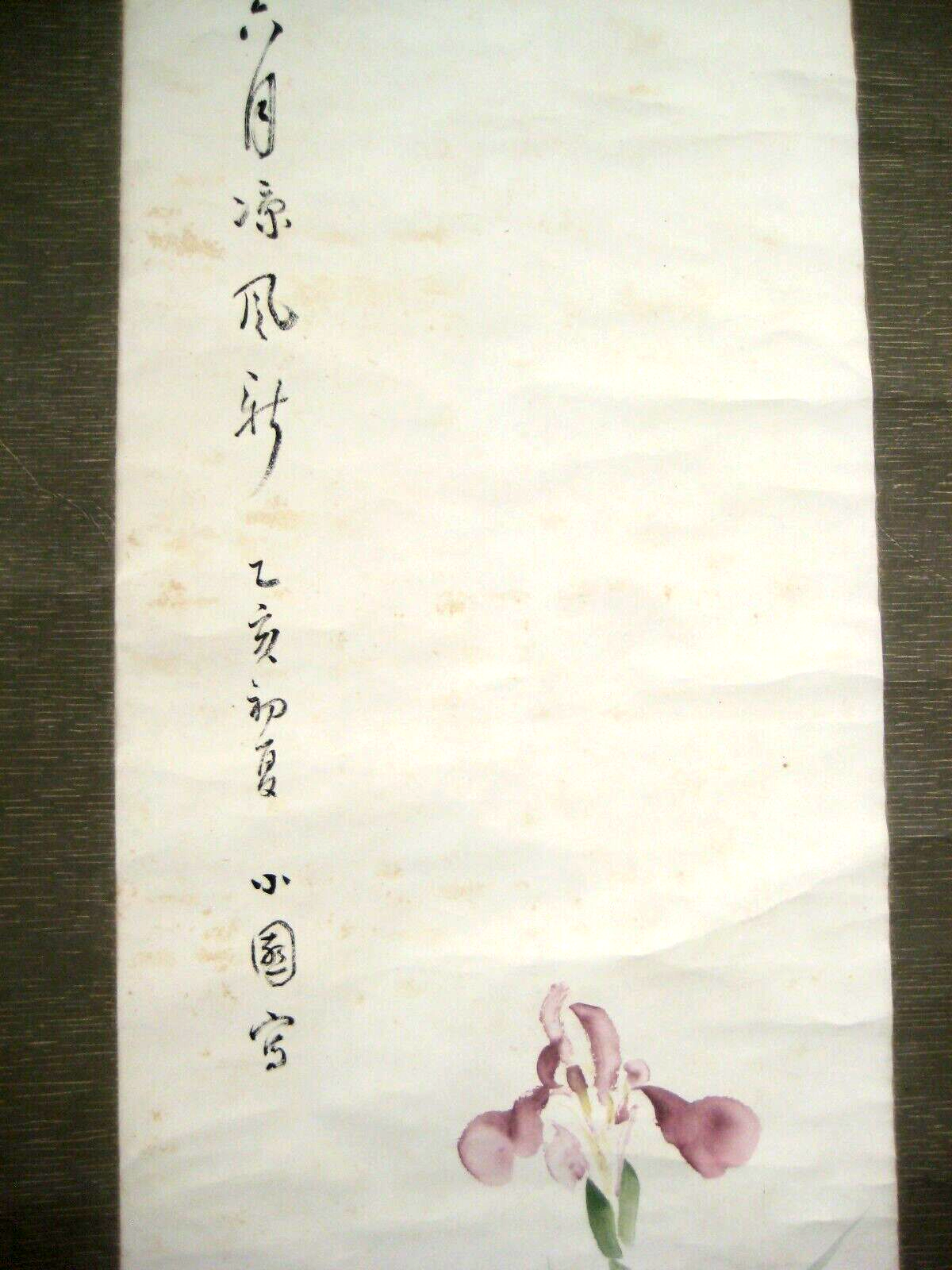 Vintage Japanese Scroll Two Purple Irises Sumi Nihon-E 80" X 17"