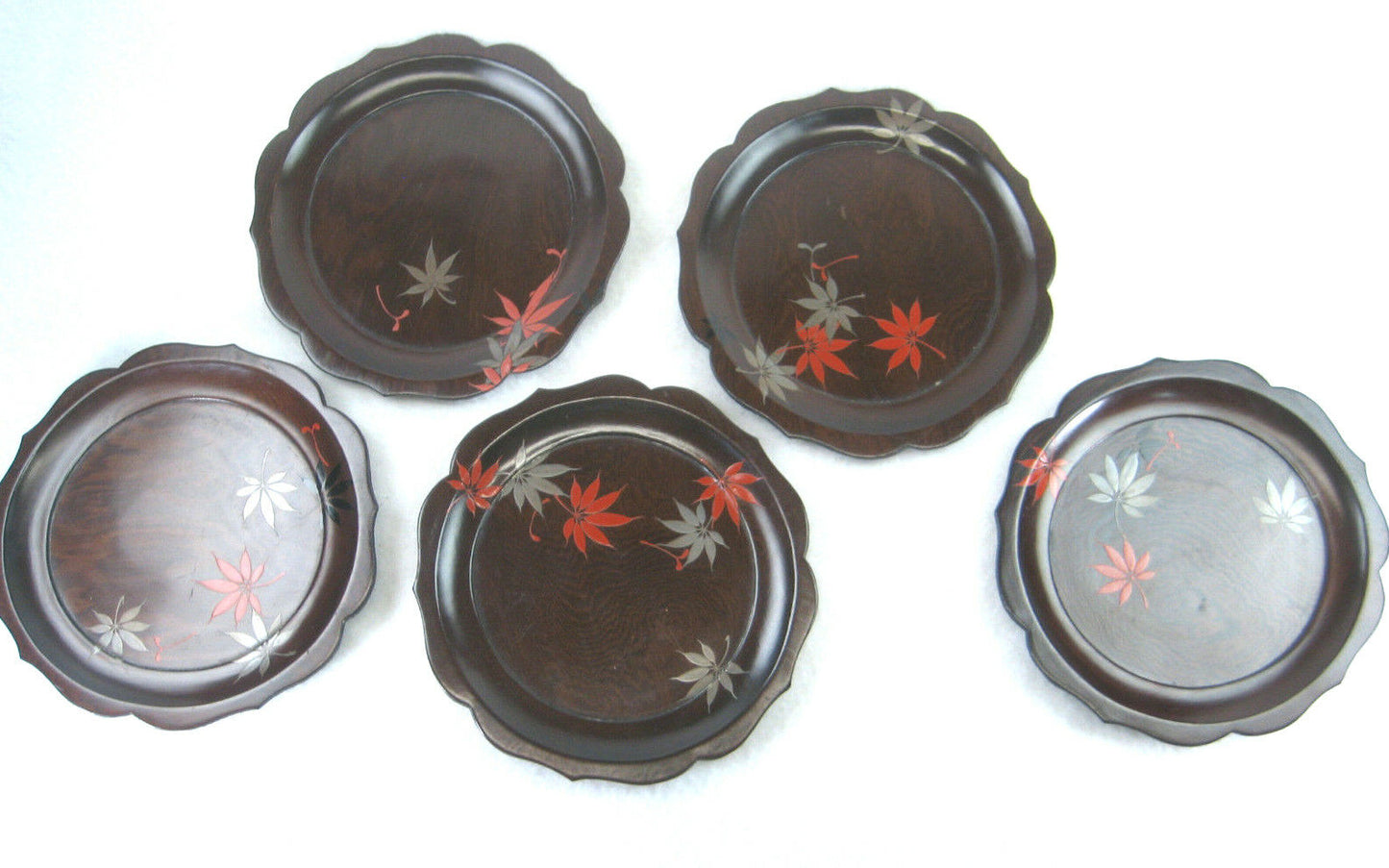Japanese Set Of 5 Dark Wood Grain Hand Painted Maple Lacquer Small Plates 6"