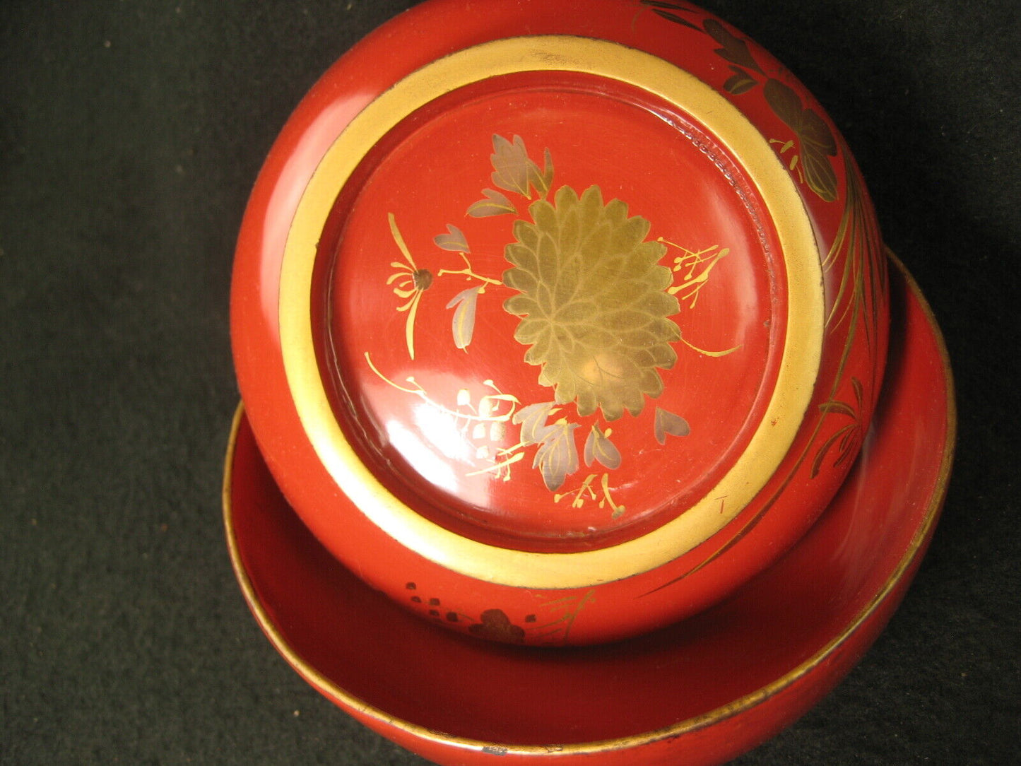Antique Japanese Edo Era (C.1850) Lacquer Makie Wooden Lidded Soup / Rice Bowl
