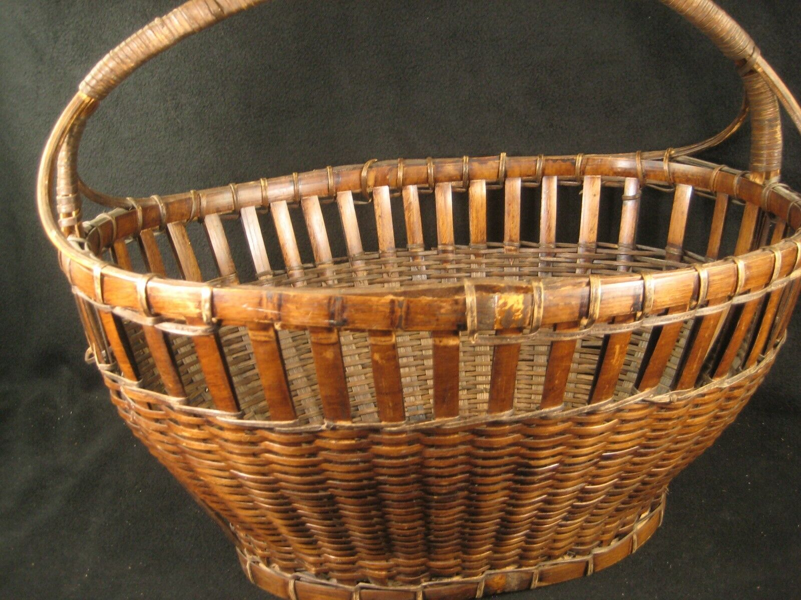 Antique Japanese Taisho (C1920) Hand Made Bamboo Basket Kago With Handle