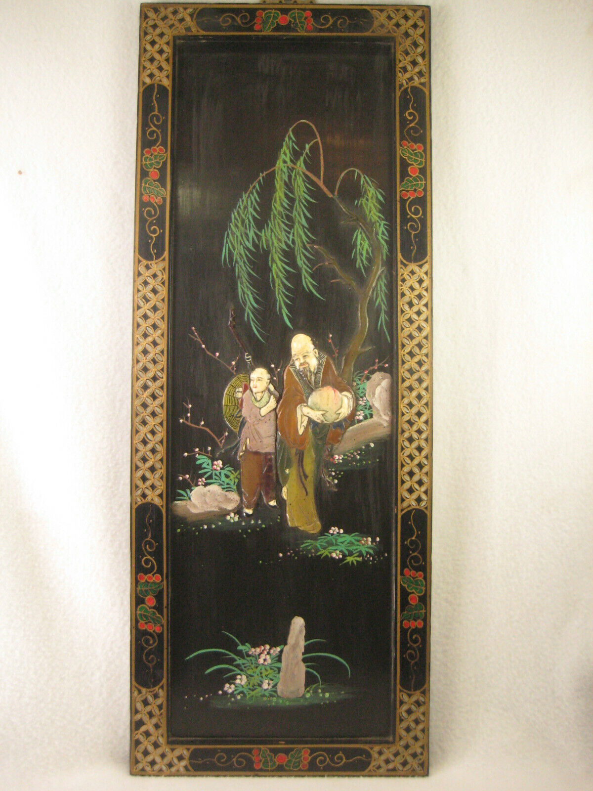 Vintage Chinese Oil Painting On Black With "Embossed" Resin Figurs On Wood