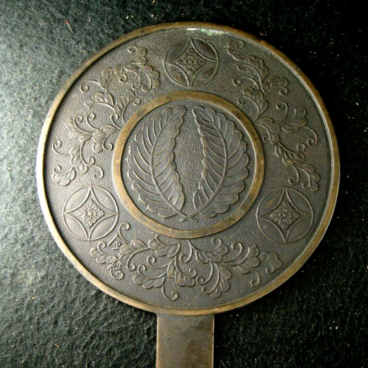 Antique Japanese Bronze Hand Mirror W/ Enshu Mon & Crossed Feather Mon 5.75"