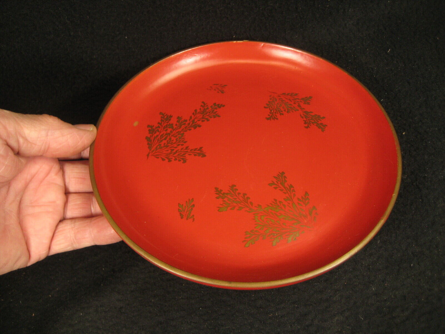 Antique (c. 1890) Japanese Kashizara Dish Plate Wood Red Lacquer Makie 7"