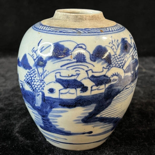 Antique Chinese Qing 19Th Century Cobalt Blue & White Jar Hand Painted 5.5"