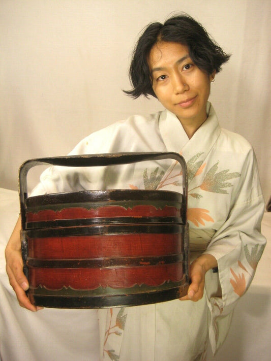 Antique Chinese Qing Dynasty C1890 Red & Black Lidded Container Bamboo/Wood