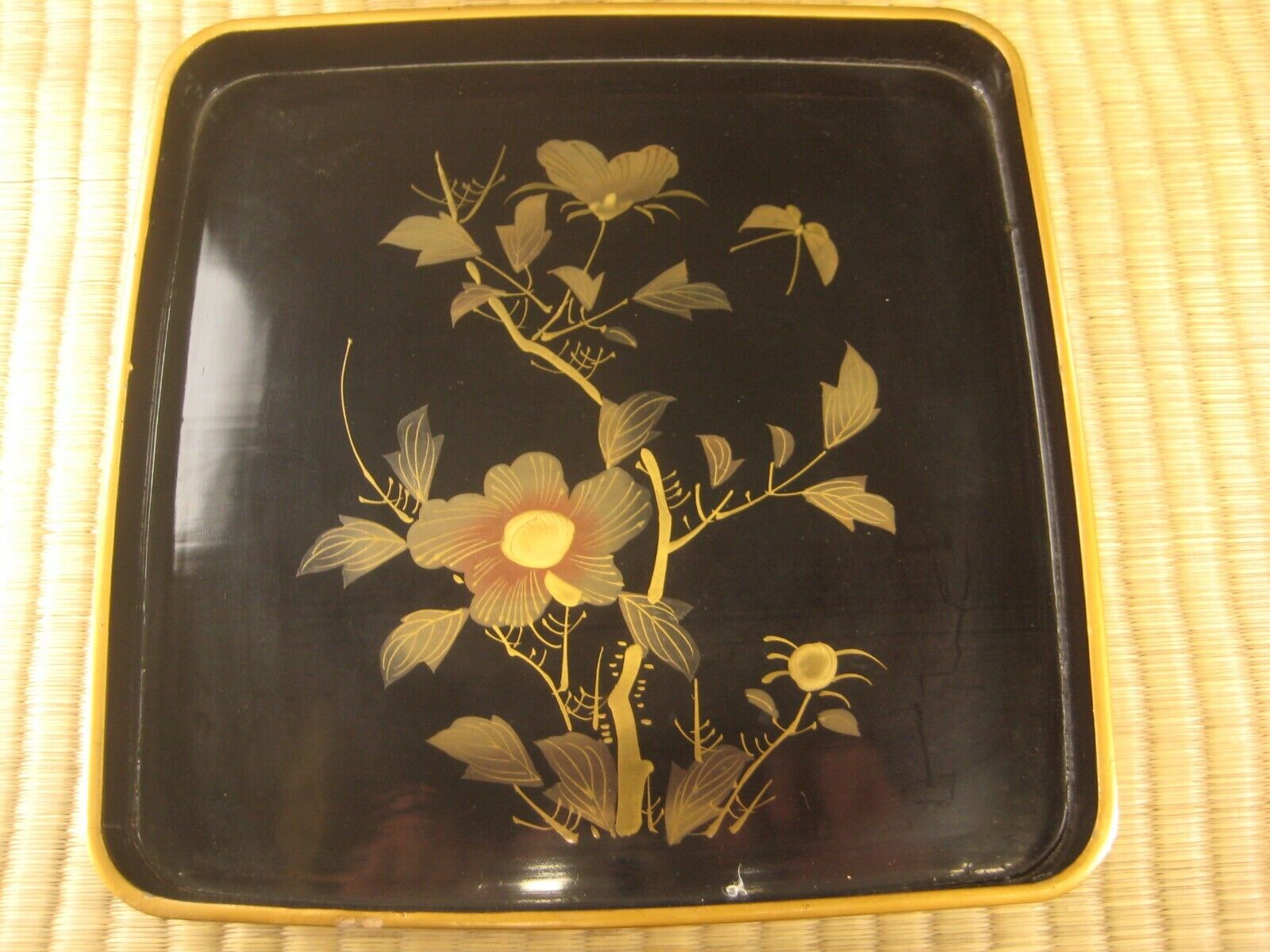 Vintage Japanese Black Gold Lacquer store Bowl With Peonny Flowers Medium