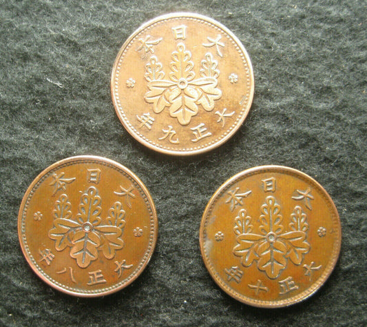 Japanese Coins 1919/20/21 Set Of 3 1 Sen Paulownia Crest Bronze Taisho 8 9 10