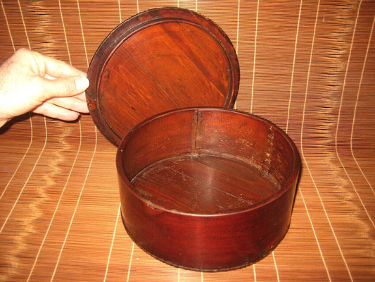 Antique Japanese Round Bent-Wood Sugi Box Red-Brown Lacquer Sushi Rice Bowl