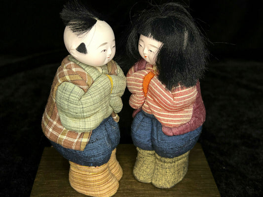 Vintage Japanese Kimekomi Dolls Boy & Girl Folk Art In Fabric 5.5"