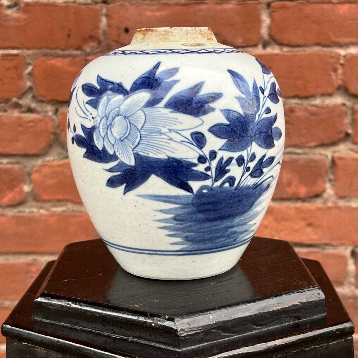Antique Chinese Qing 200 Year Old Blue & White Jar Hand Painted Peony 5.5"H