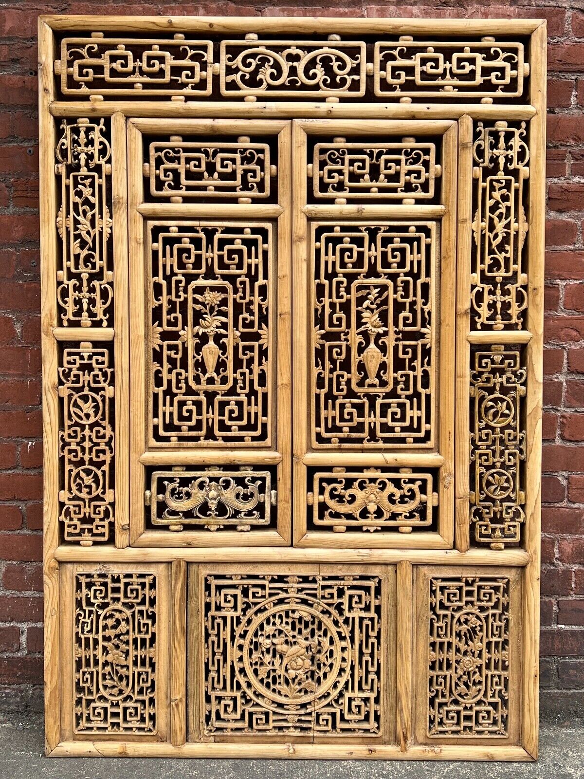 Antique Chinese Qing Dynasty 19th Hand Carved Wood Window Panel 39 x 58