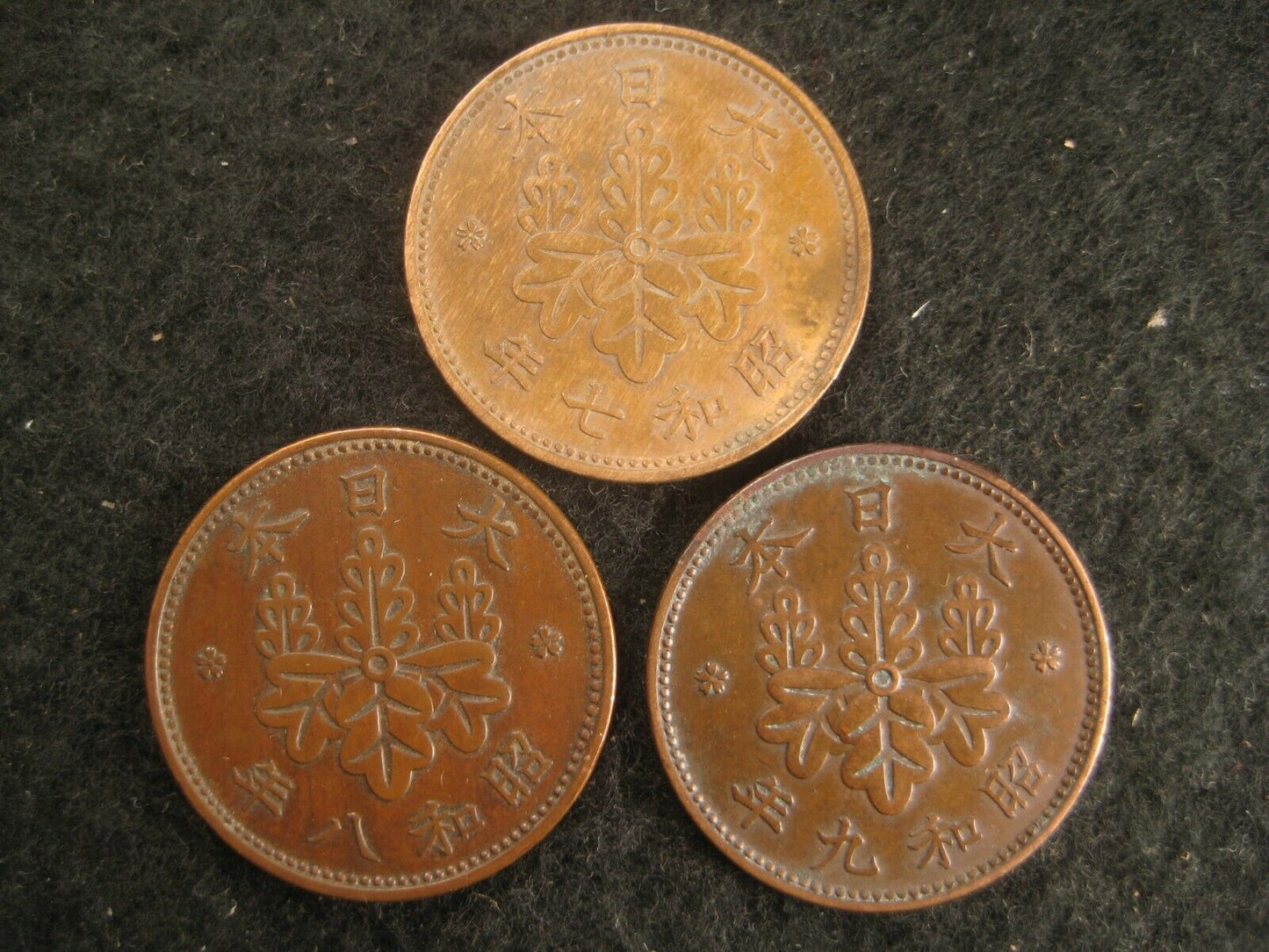 Vintage Japanese Set Of Three 1Sen Bronze Coins 1932 1933 1934 Imperial Crest