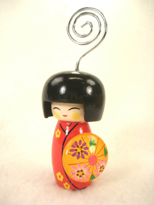 Japanese Kokeshi Note Holder Wooden Doll Hand Painted Red Kimono W/ Orange Hat