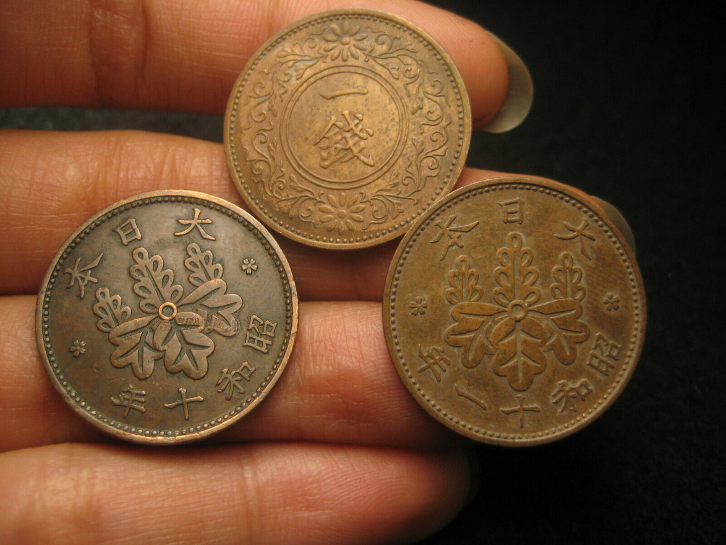 Japanese Coins 1935 '36 '37 x3 Bronze 1 Sen - Paulownia Crest