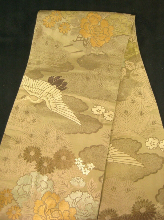 Japanese Green Obi Sash For Kimono Cranes Plum Pine Chrysanthemum Flowers