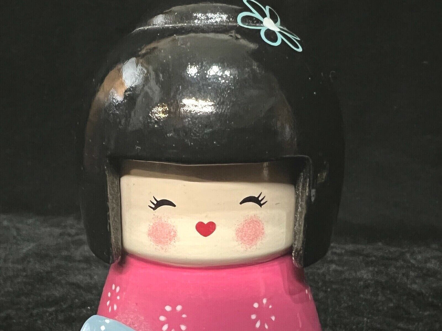 Vintage Japanese Kokeshi Wooden Doll Pink Kimono W/ Fan 5"