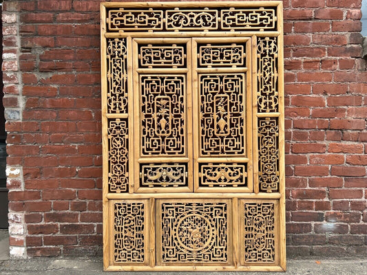 Antique Chinese Qing Dynasty 19th Hand Carved Wood Window Panel 39 x 58