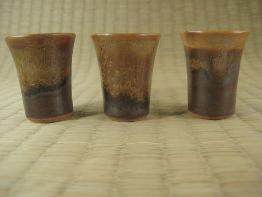 Japanese Hand Painted Set Of 3 High Walled Sake Cups Tan & Brown 1.75" Tall