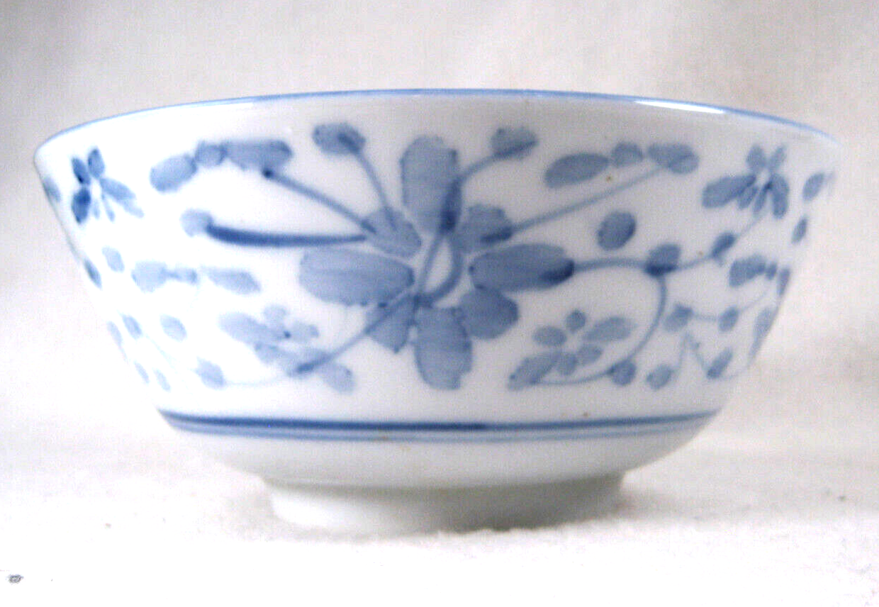 Chinese Hand Print Ceramic Chawan Bowl Classical Flowers Stems & Petals 5.5"