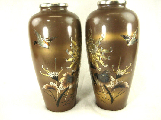 Vintage Pair of Chokin Enamel Vases W/ Gold & Silver Chrysanthemums & Birds 8"