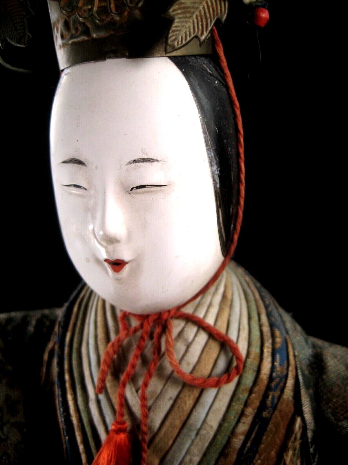 Antique Meiji Era Japanese Samurai Court Lady Doll Set Wooden Gofun Face