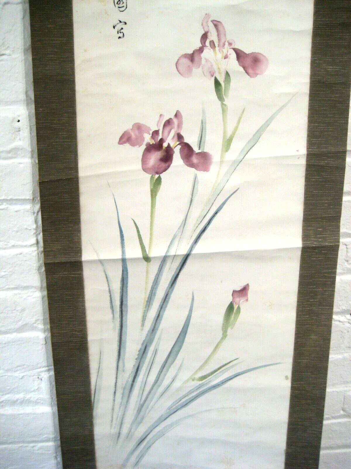 Vintage Japanese Scroll Two Purple Irises Sumi Nihon-E 80" X 17"