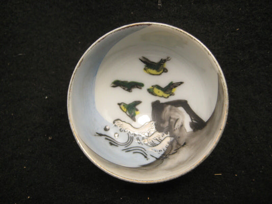 Antique Japanese Hand Painted Ceramic Sakazuki Sake Cup Birds Over Water