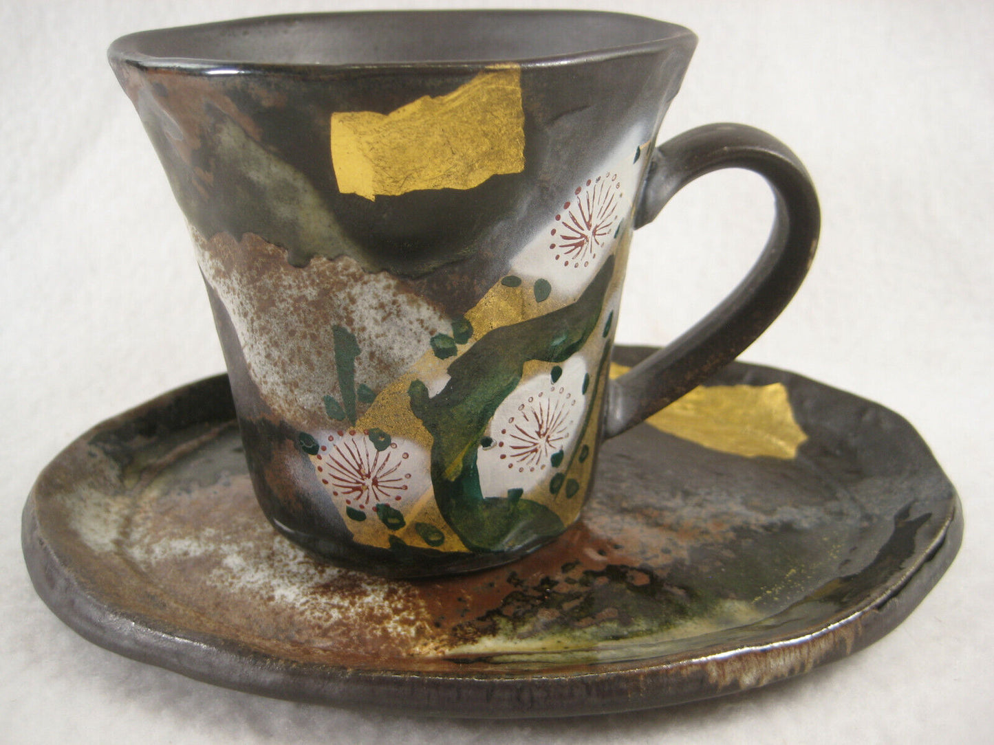 Vintage Japanese Hand Painted Kutani Teacup & Saucer Gold Leaf & Plum Blossoms