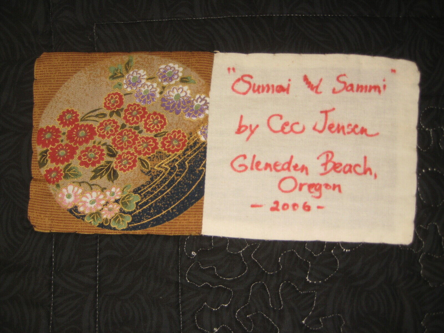Vintage Japanese Signed Printed Cotton Stiched Quilt  Man Woman Design