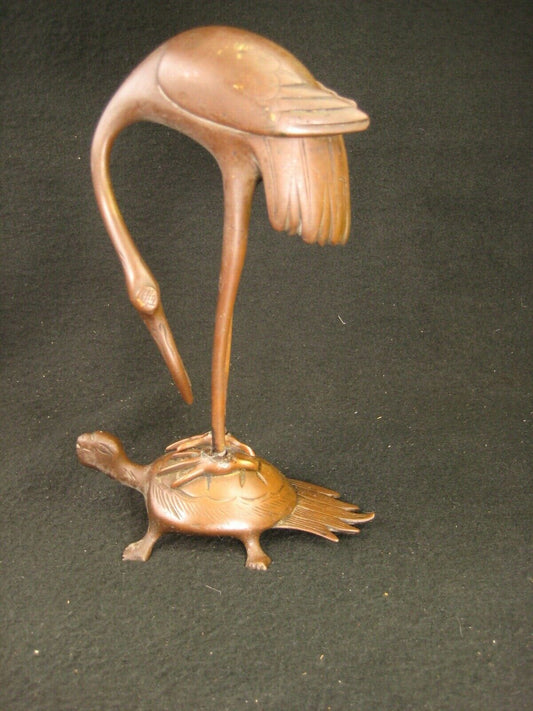 Antique Japanese Bronze Candle Holder Statue Crane Bird & Turtle (Tsuru/Kame)