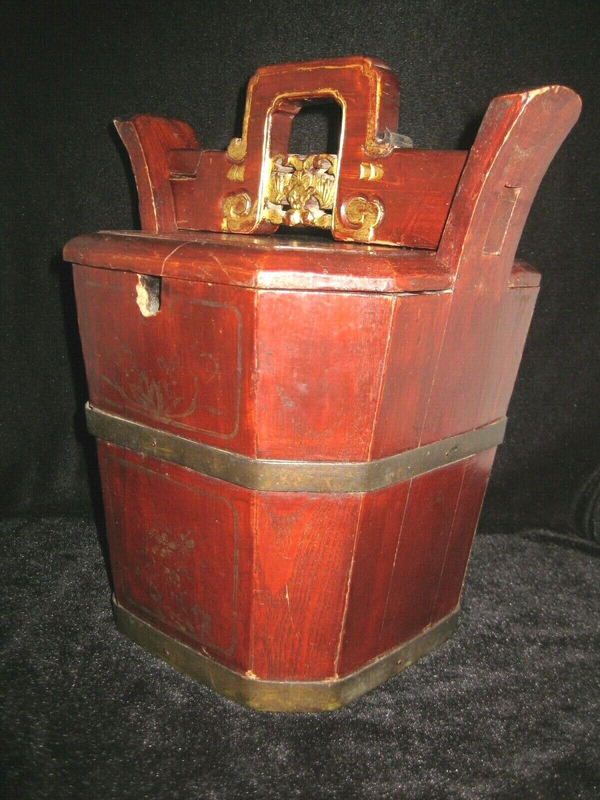 Antique Chinese Hardwood Teapot Caddy Holder W/ Bat Carving Red & Gold