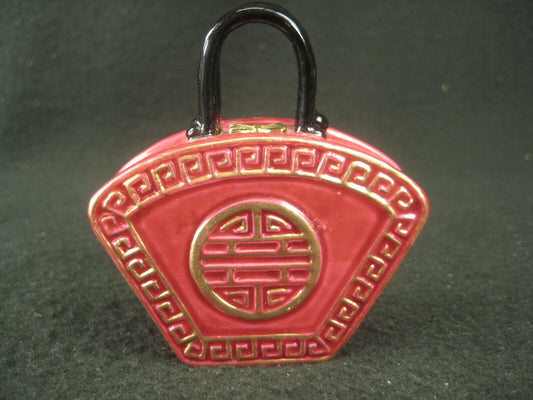 Chinese Ceramic Hinged Hand Bag PillBox Hand Painted Pink W/ Gold 3"