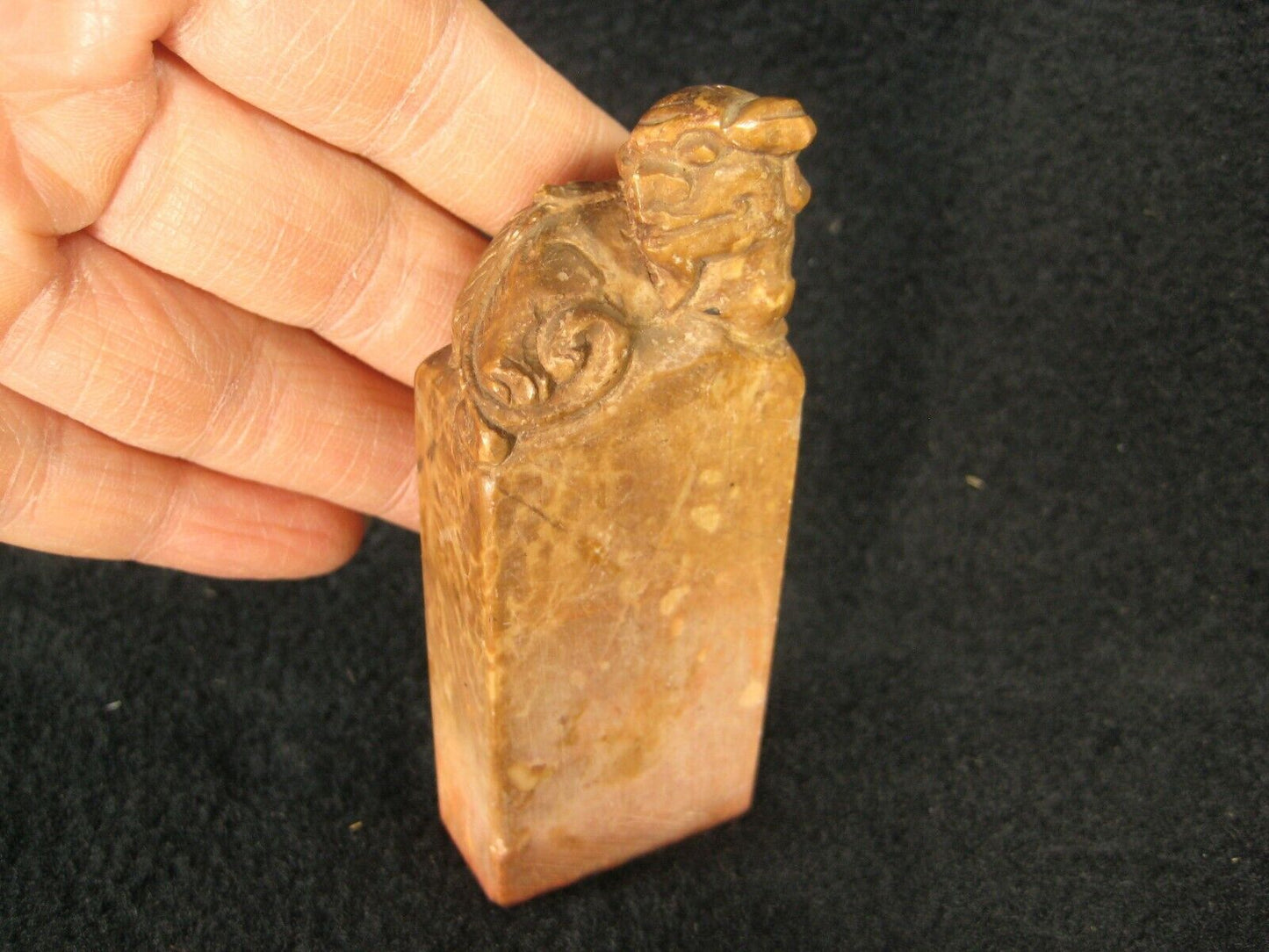 Vintage Japanese C. 1930 Unused Handcarved Inkan Marble Name Stamp With Foo Dog