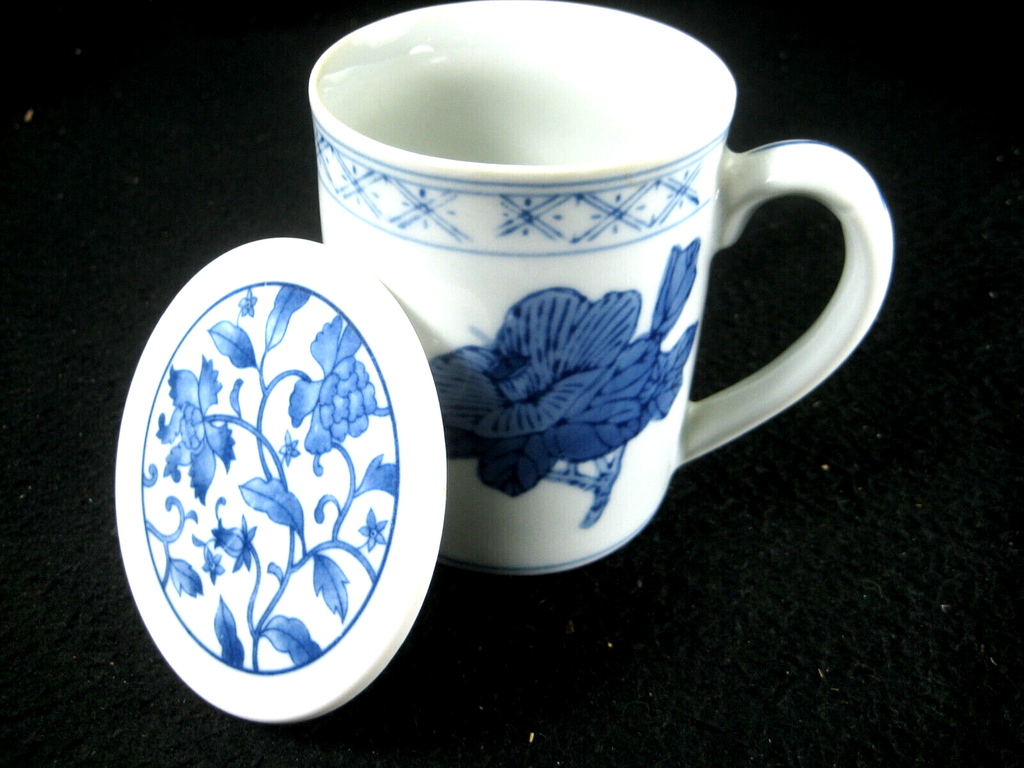 Vintage Imari Stenciled Covered Tea Cup With Handle & Fowers Ceramic Marked