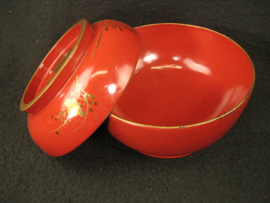 Antique Japanese Edo Era (C.1850) Lacquer Makie Wooden Lidded Soup / Rice Bowl