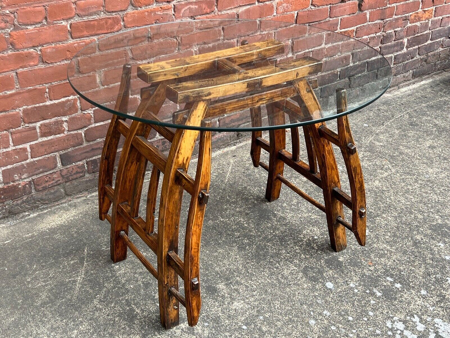 Antique Chinese Qing Dynasty 1800S Ox Pack Saddle Glass Table 36"D X 27.5"H