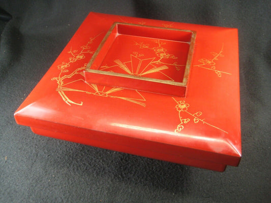 Antique Japanese Taisho Era Red Square Lacquered Lidded Bento Lunch Box 9"