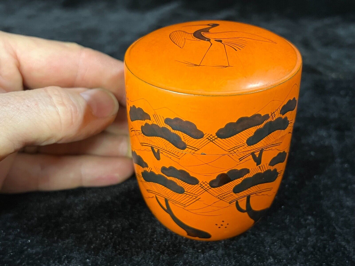 Vintage Japanese Tea Ceremony Natsume Tea Caddy Red Lacquer Crane & Pine Tree