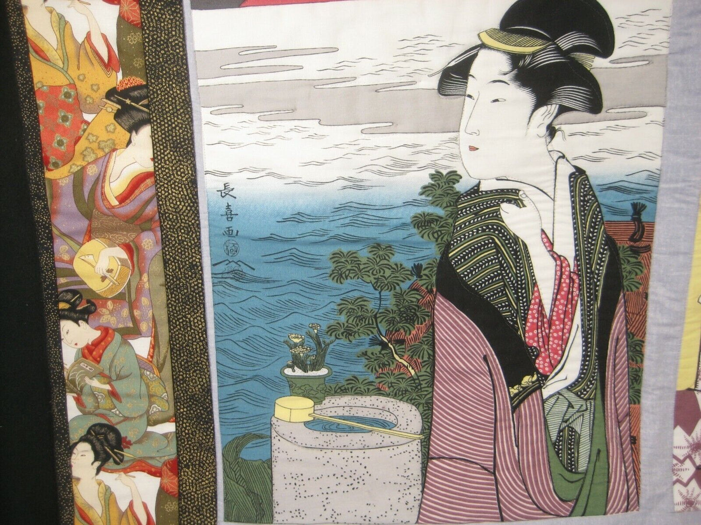 Vintage Japanese Signed Printed Cotton Stitched Quilt Geisha Design 28 X 30"