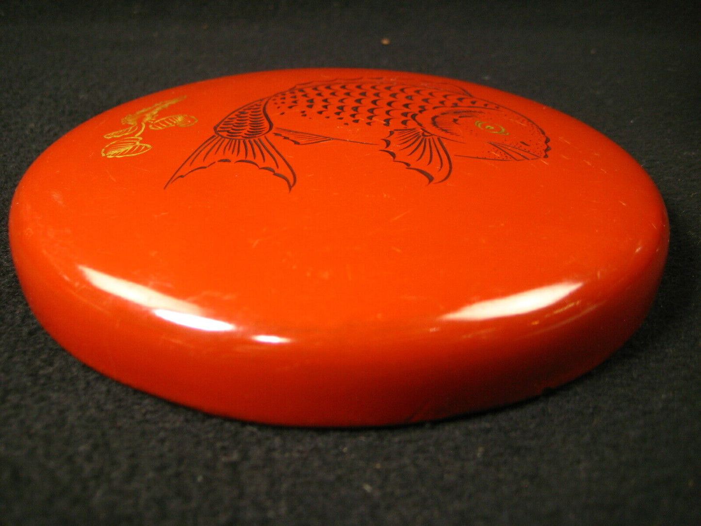Antique Japanese Meiji Era (C1880) Red Lacquer Soup Bowls W/ Koi Fish Lid