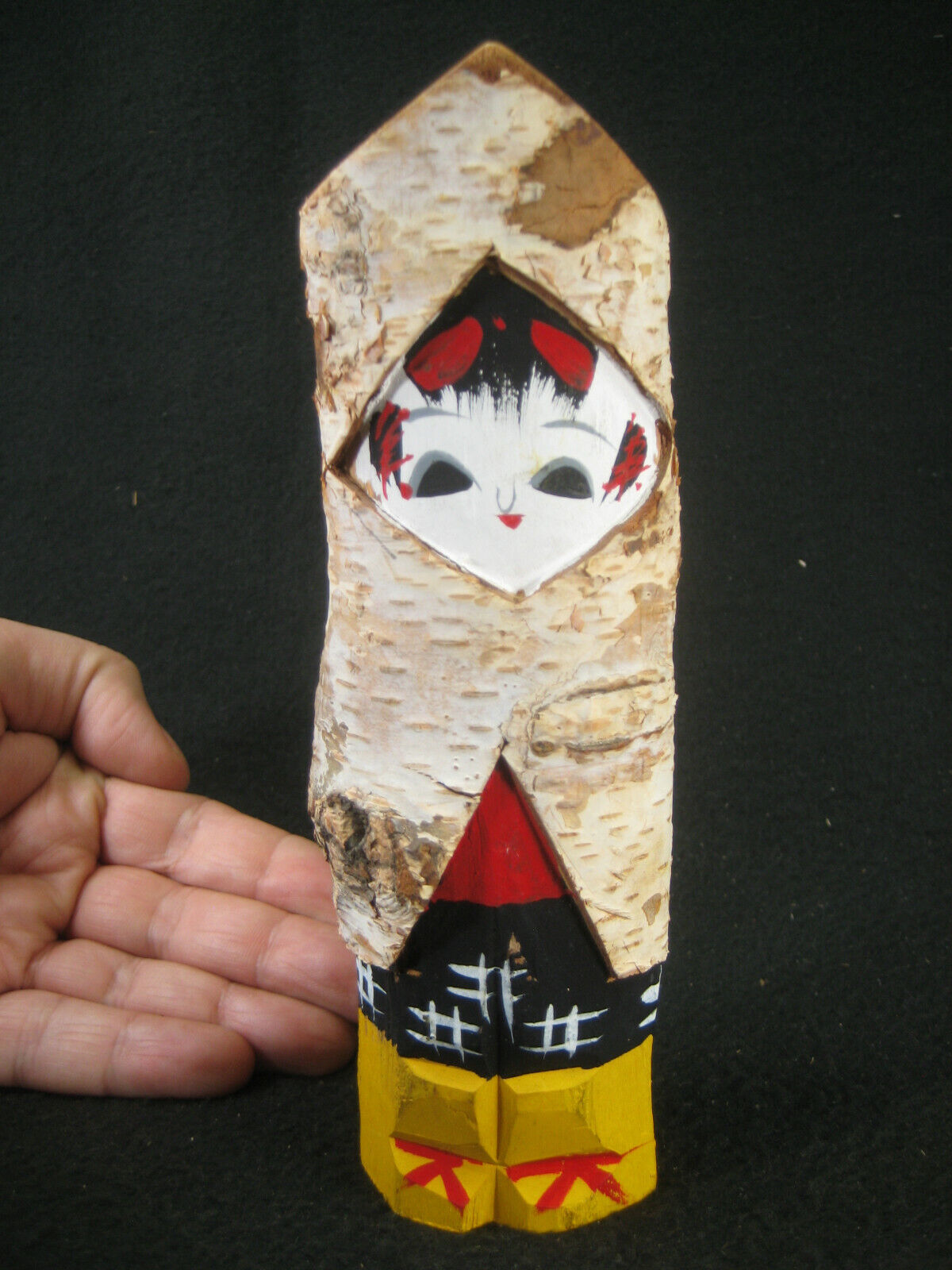 Vintage Japanese Kokeshi Wooden Doll W/Birch Bark Hood Yellow & Winter Boots