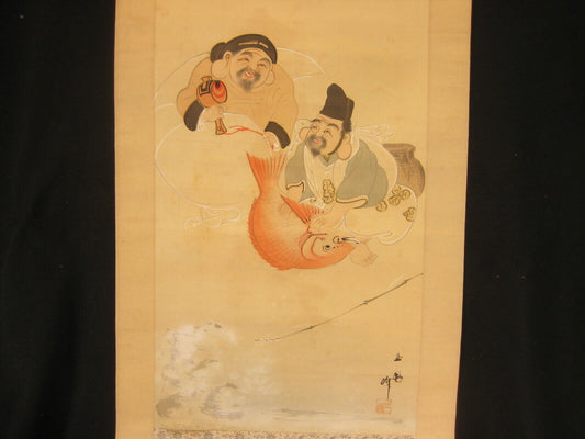 Antique Japanese Meiji Era (C.1910)  Scroll Ebisu Daikoku Budhist Gods Of Luck