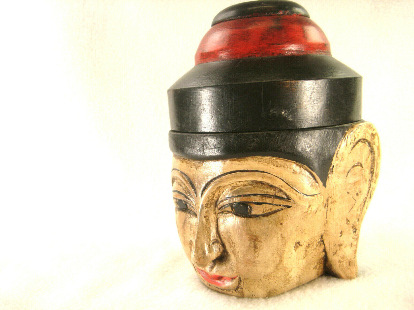 Hand Carved Thai Buddhist Head Box Round Hand Painted Lided
