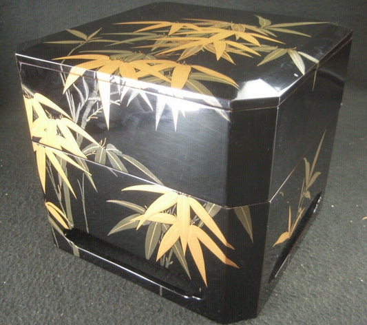 Antique Japanese 2 Layer Lidded Lacquer Bamboo Makie Jubako Bento Box